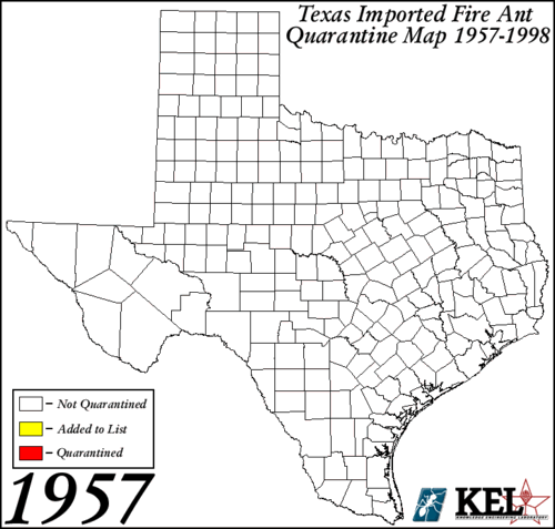Animation of the progression of Texas counties quarantined for imported fire ants from 1957 through 1998.